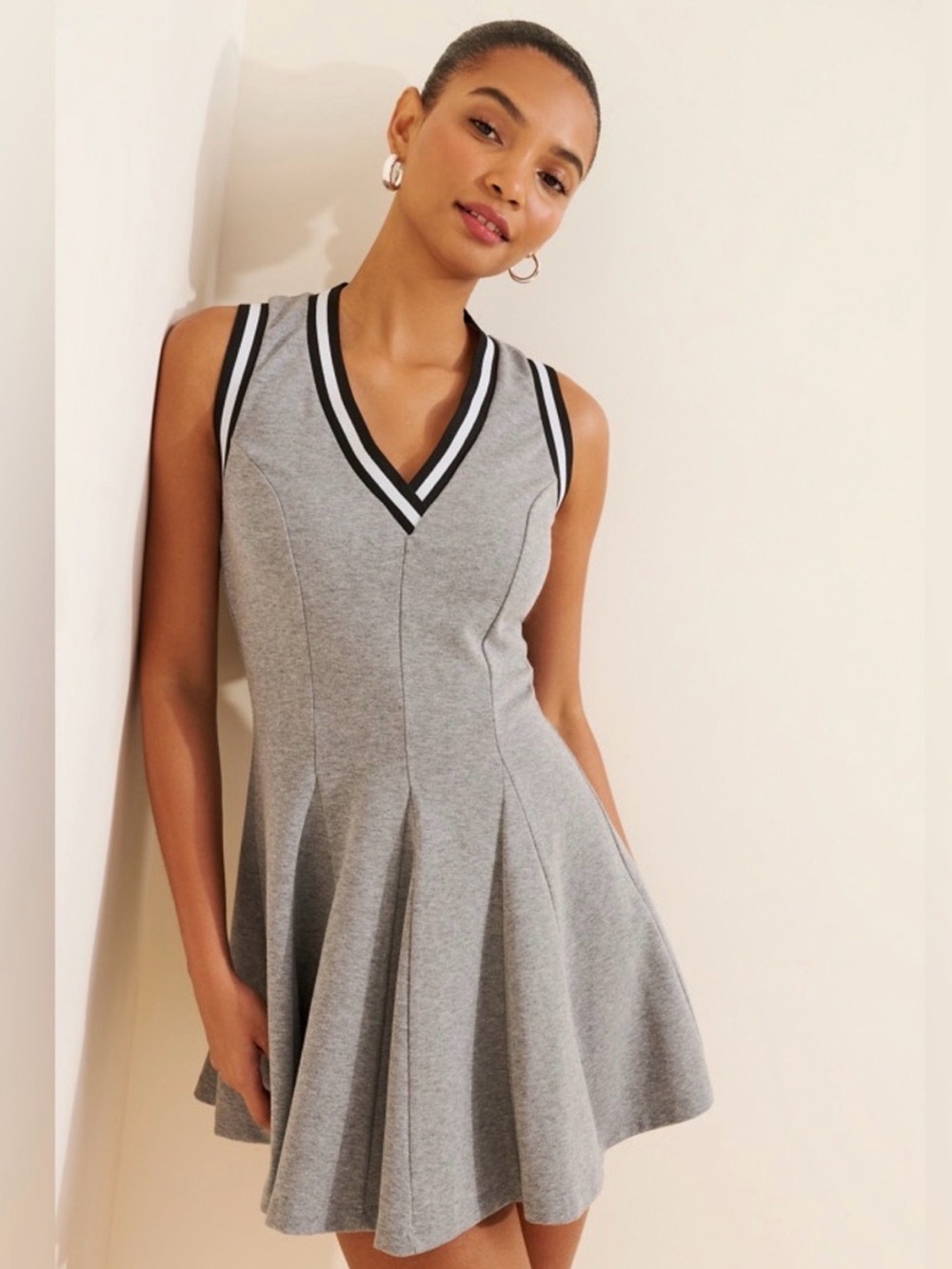 Anthropologie Daily Practice Active Mini Dress Gray Pleated V Neck Large NWT
